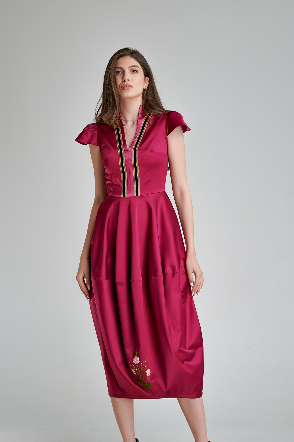 ADIRA elegant dress in magenta satin fabric. Natural fabrics, original design, handmade embroidery