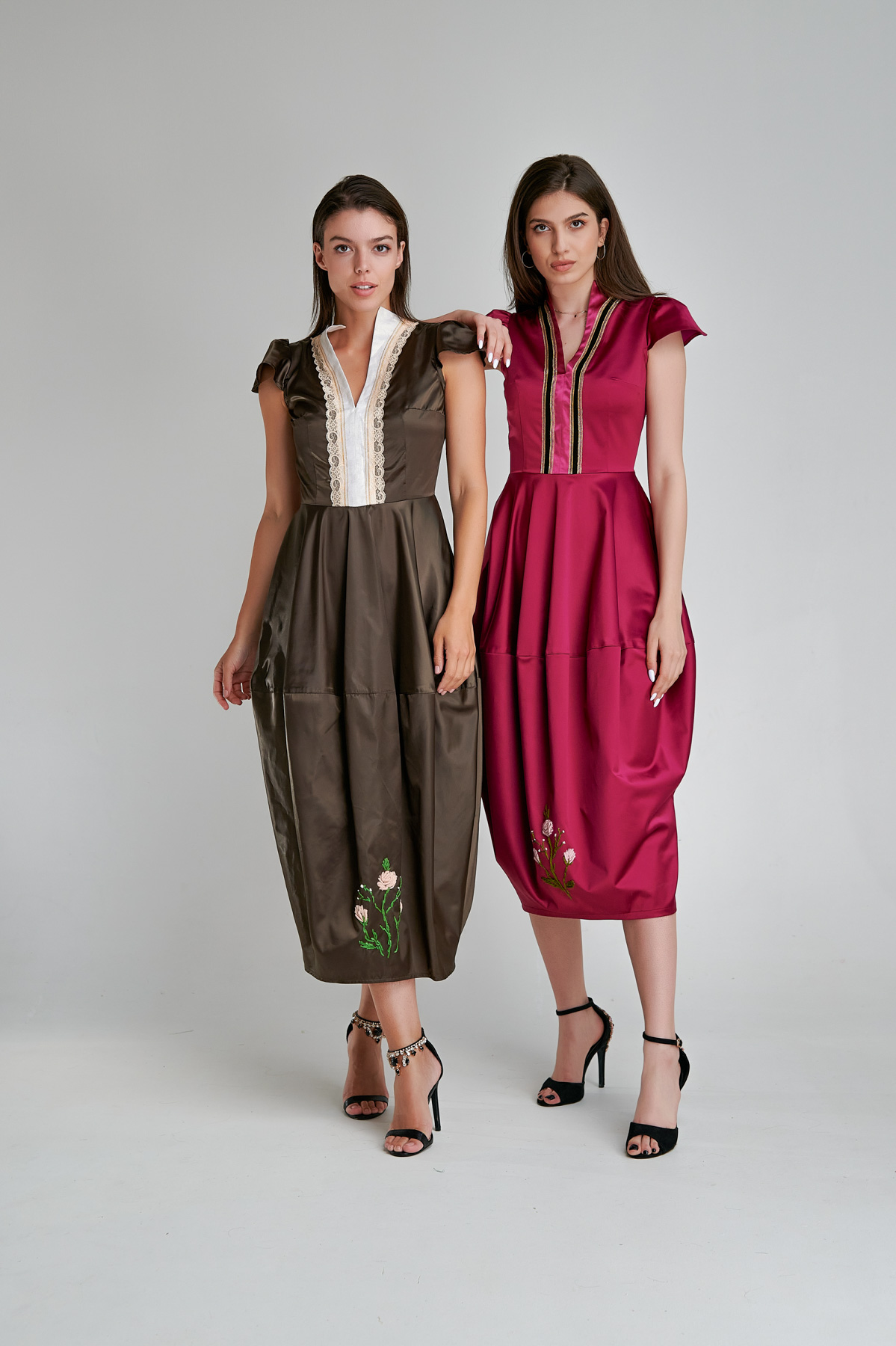 ADIRA elegant dress in magenta satin fabric. Natural fabrics, original design, handmade embroidery