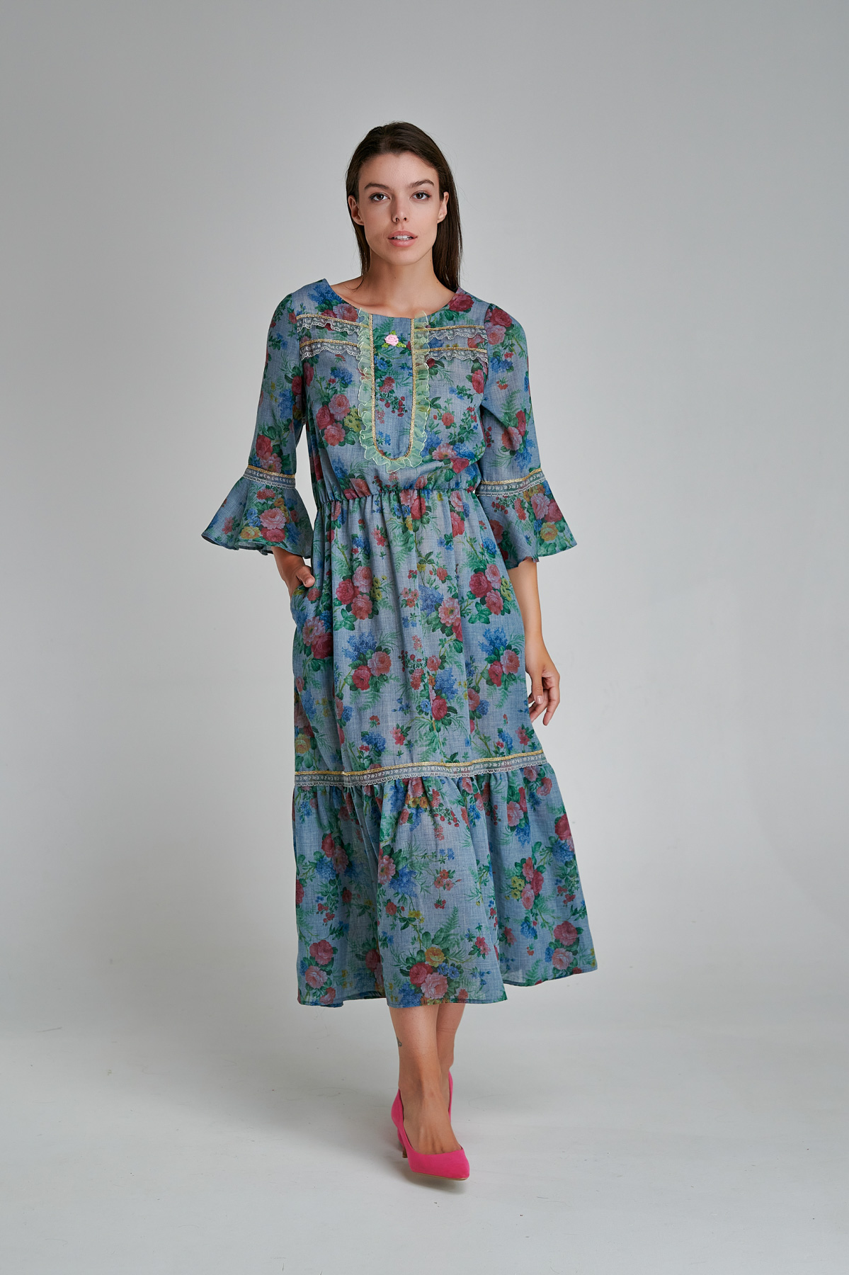 CASIANA cotton dress with floral print. Natural fabrics, original design, handmade embroidery