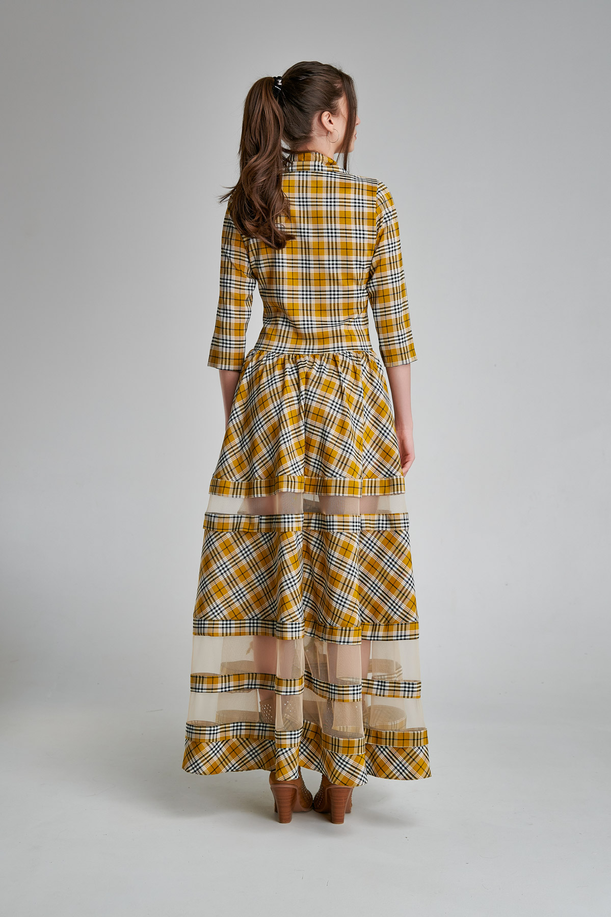 DELLA plaid casual dress with tulle insert. Natural fabrics, original design, handmade embroidery