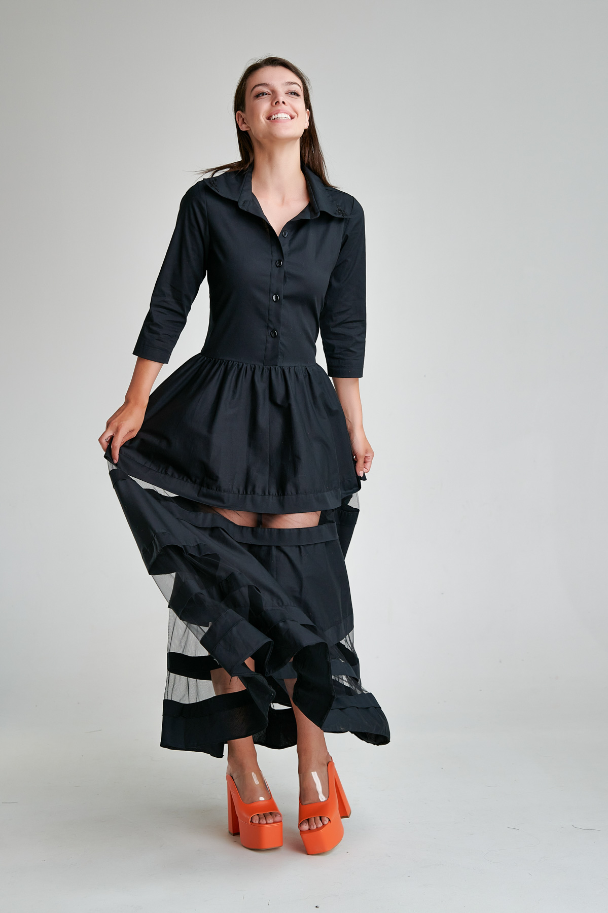 Black DELLA casual dress with tulle insert. Natural fabrics, original design, handmade embroidery
