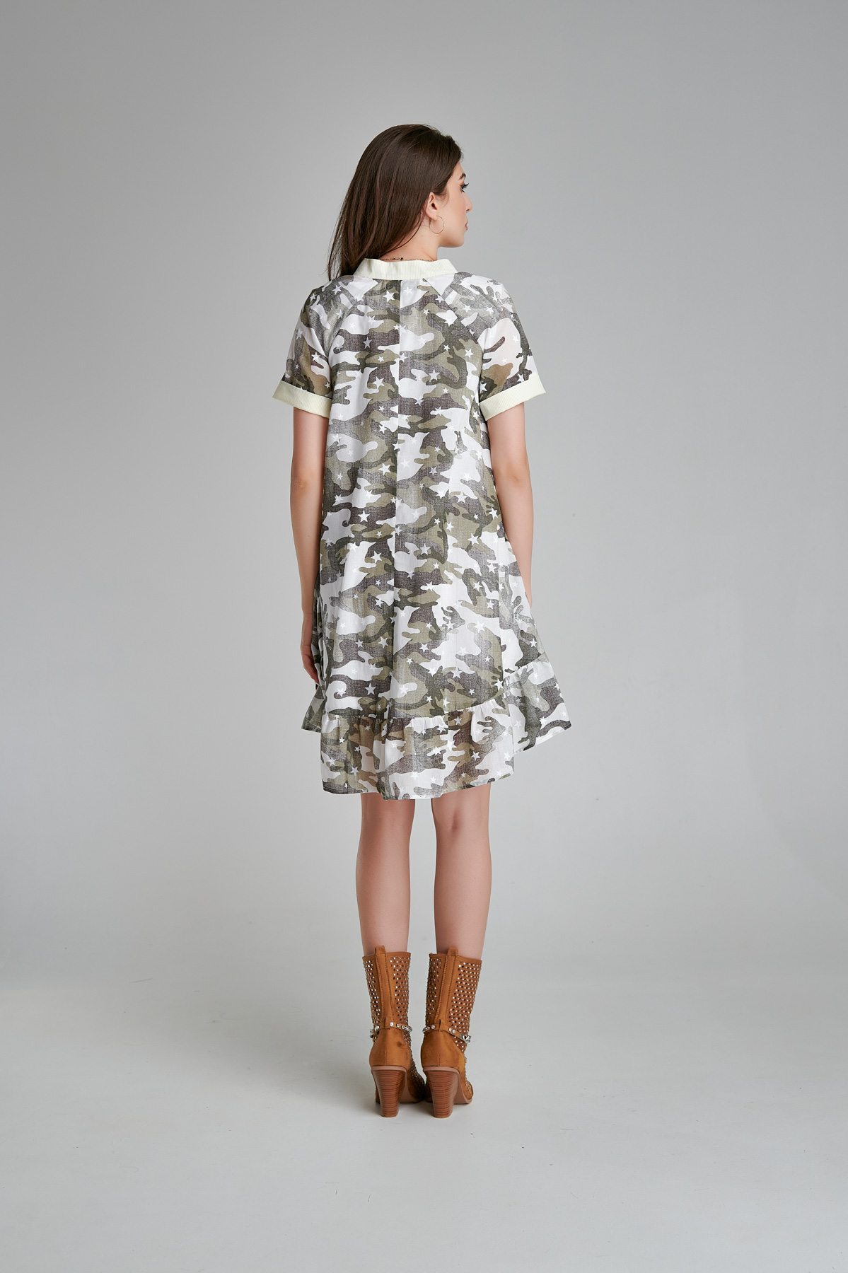 GIULI casual day dress with camouflage print. Natural fabrics, original design, handmade embroidery