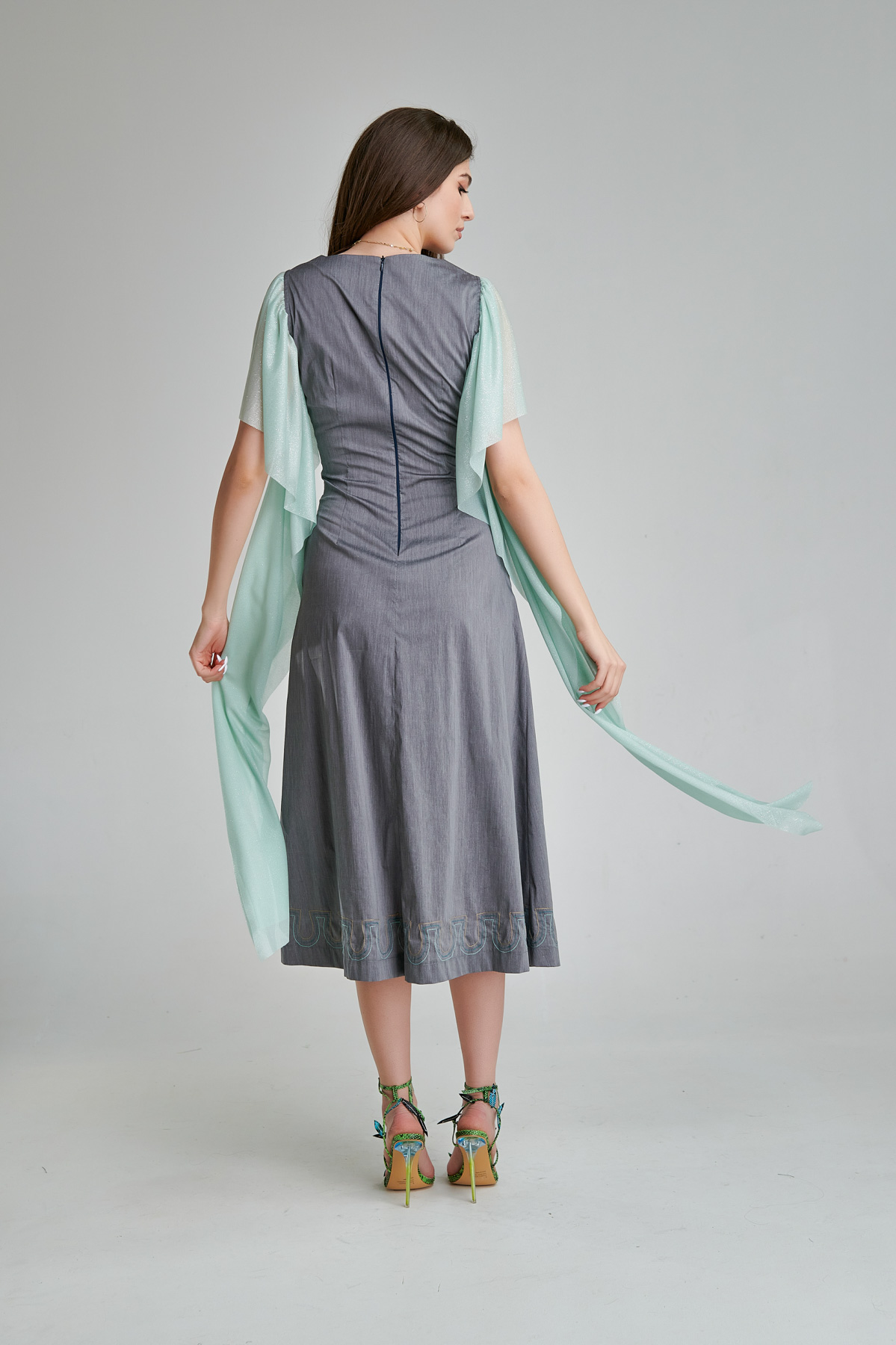 KAFTA poplin casual dress with long butterfly sleeves. Natural fabrics, original design, handmade embroidery