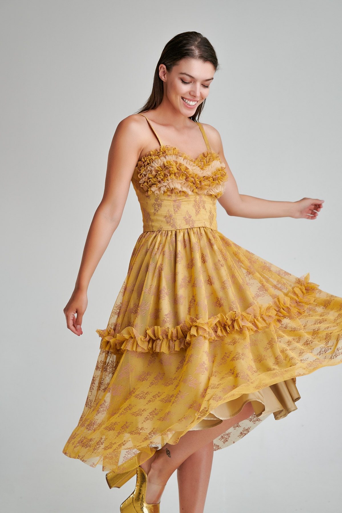 Elegant MADINY dress with tulle corset and yellow floral print. Natural fabrics, original design, handmade embroidery