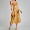 Elegant MADINY dress with tulle corset and yellow floral print. Natural fabrics, original design, handmade embroidery
