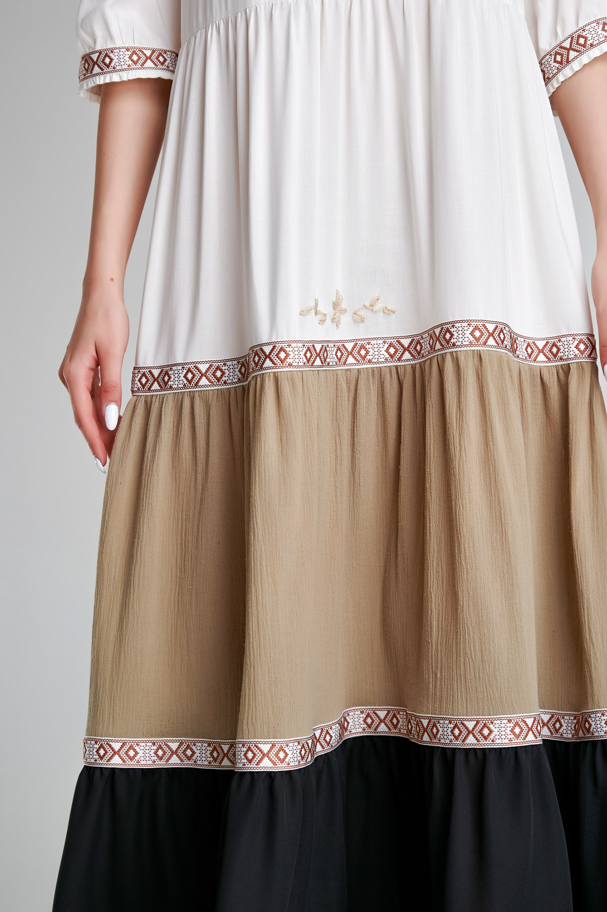 White MALIA casual dress with ruffles. Natural fabrics, original design, handmade embroidery