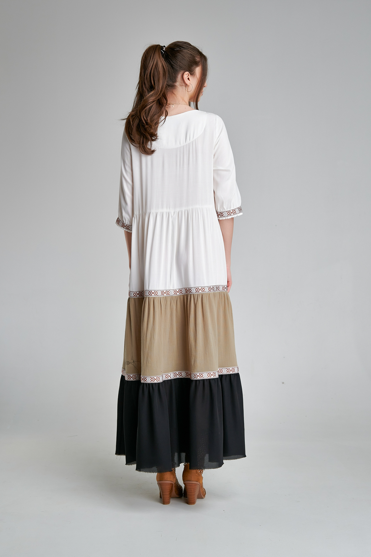 White MALIA casual dress with ruffles. Natural fabrics, original design, handmade embroidery