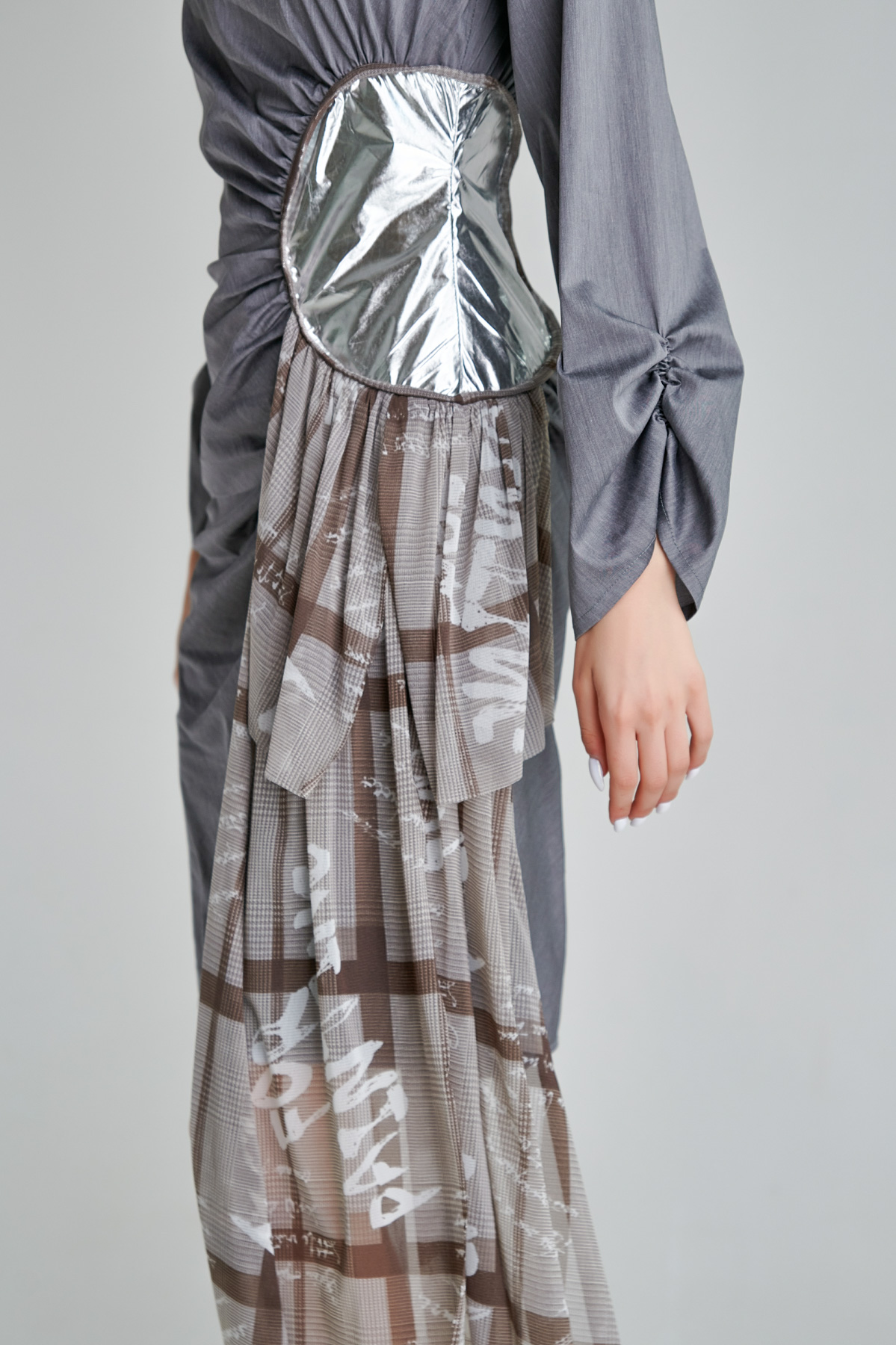 RASA poplin casual dress with tulle scarf. Natural fabrics, original design, handmade embroidery