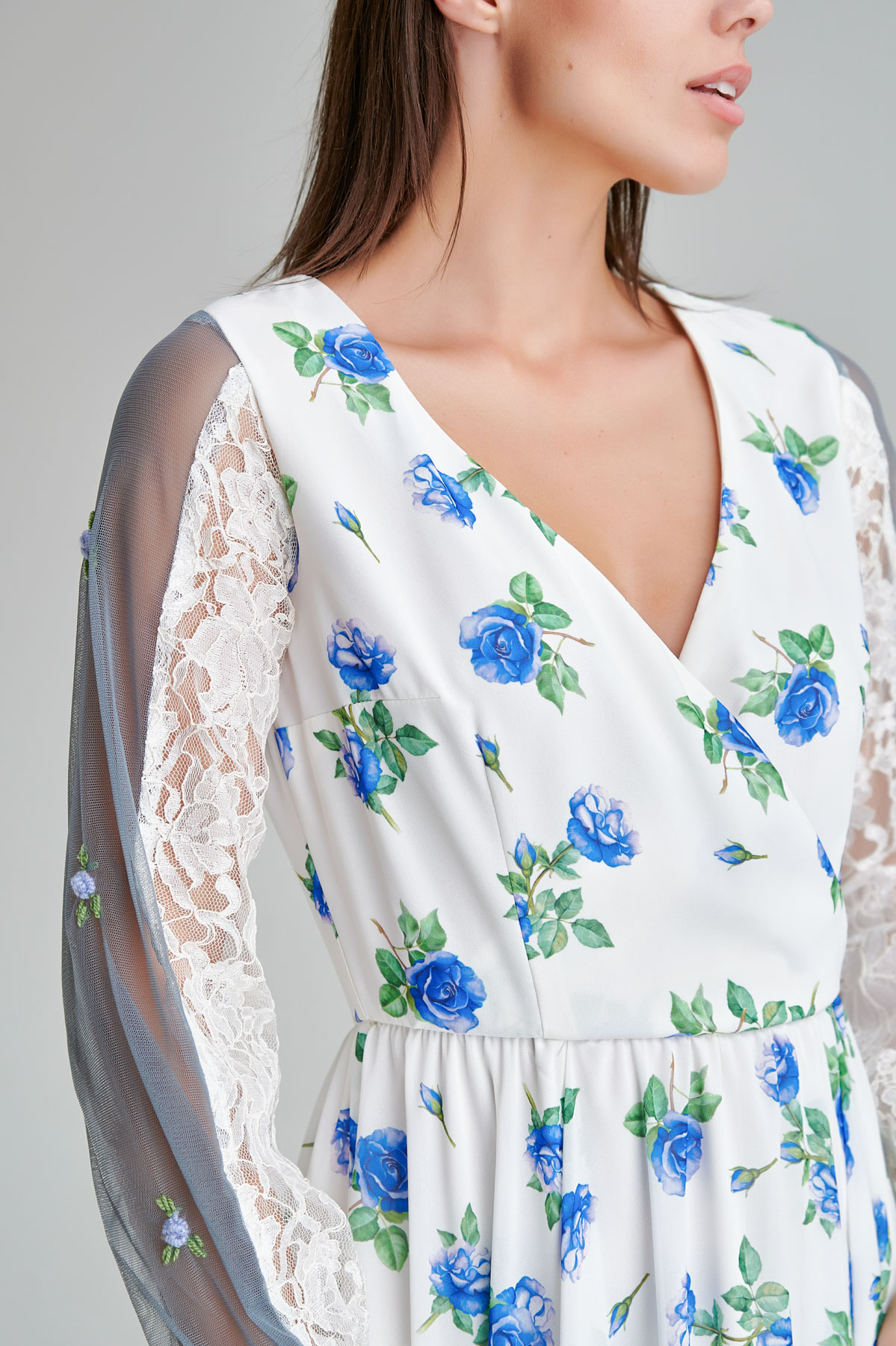 Vaporous ROSSIN dress with floral print. Natural fabrics, original design, handmade embroidery