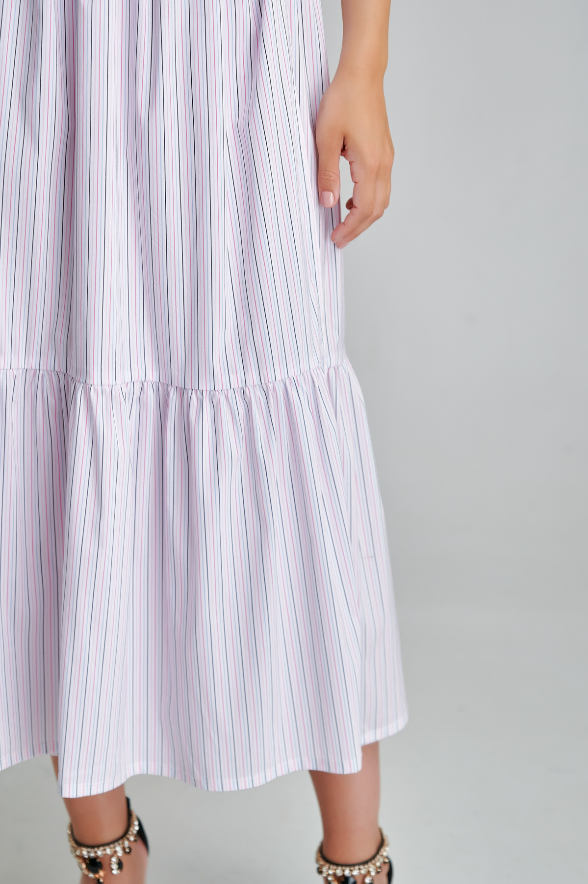 VERITA casual striped poplin day dress. Natural fabrics, original design, handmade embroidery