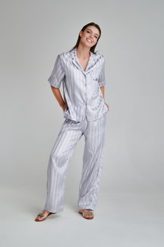 SURY home light gray shirt with short sleeves. Natural fabrics, original design, handmade embroidery