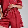SURY long pants in burgundy satin viscose. Natural fabrics, original design, handmade embroidery