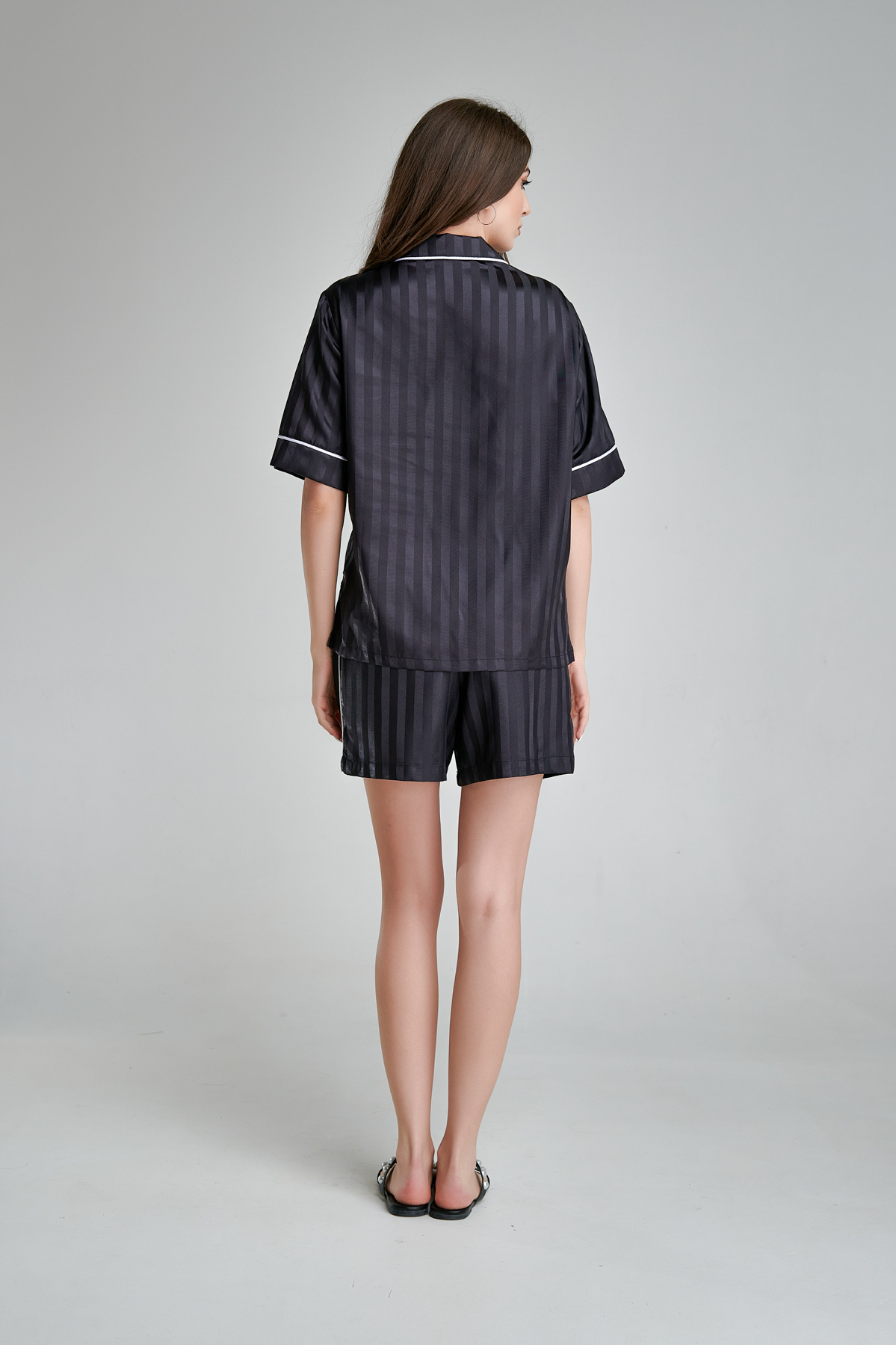 SURY black satin viscose shorts. Natural fabrics, original design, handmade embroidery