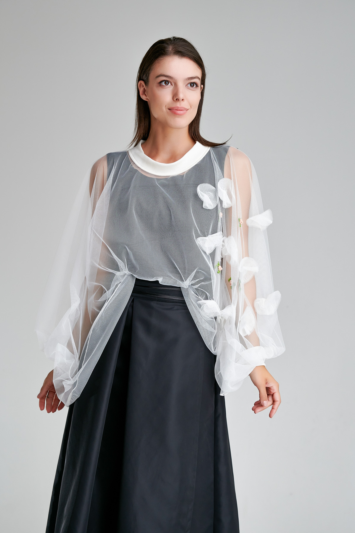 ELLIE elegant tulle blouse with white floral embroidery. Natural fabrics, original design, handmade embroidery
