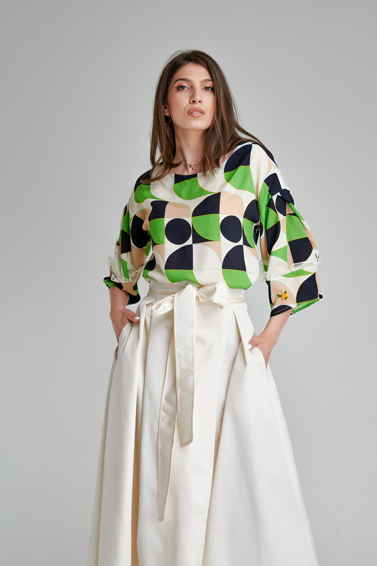 BLANCA casual poplin blouse with geometric print. Natural fabrics, original design, handmade embroidery