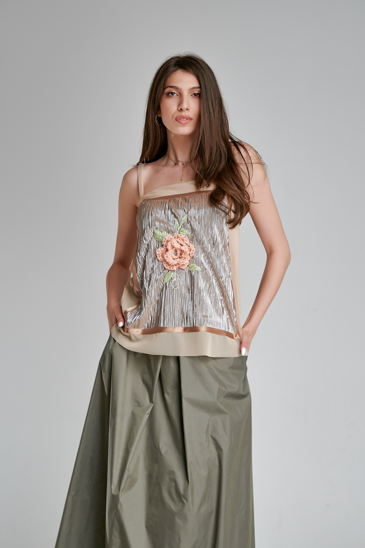 AXEL top beige with spaghetti straps and floral embroidery. Natural fabrics, original design, handmade embroidery