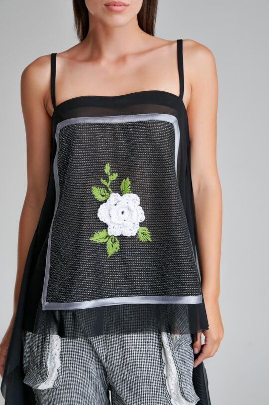 AXEL top black with spaghetti straps and floral embroidery. Natural fabrics, original design, handmade embroidery