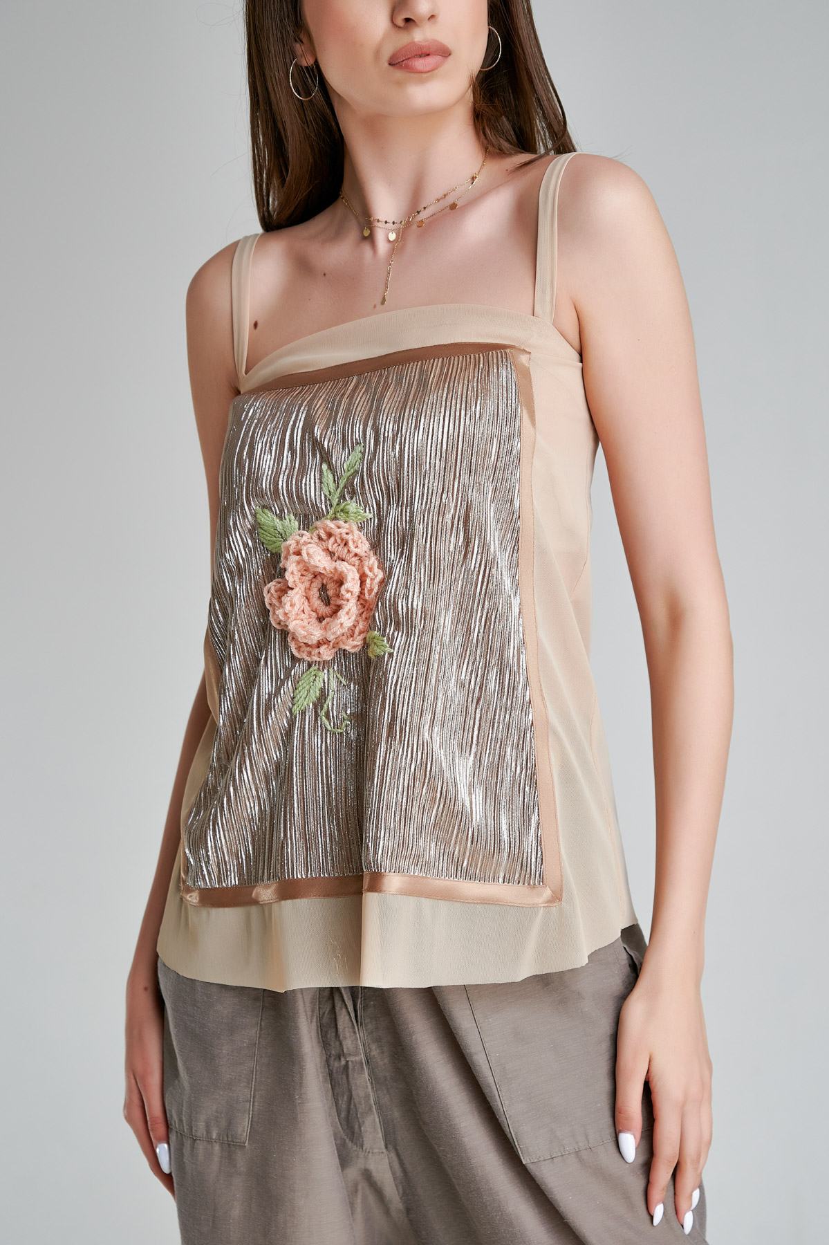 AXEL top beige with spaghetti straps and floral embroidery. Natural fabrics, original design, handmade embroidery