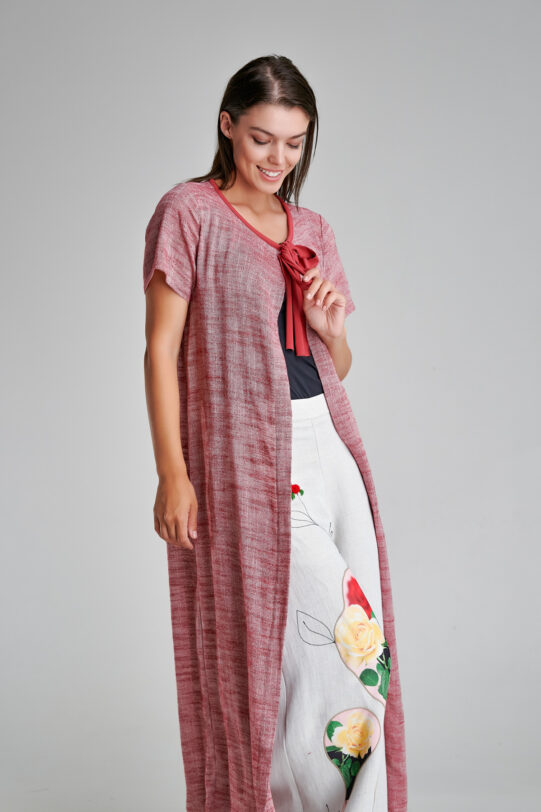 ANYA linen cardigan with red floral application. Natural fabrics, original design, handmade embroidery