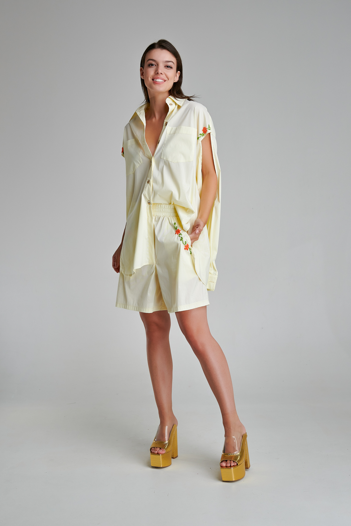 Yellow cotton DAX shorts. Natural fabrics, original design, handmade embroidery