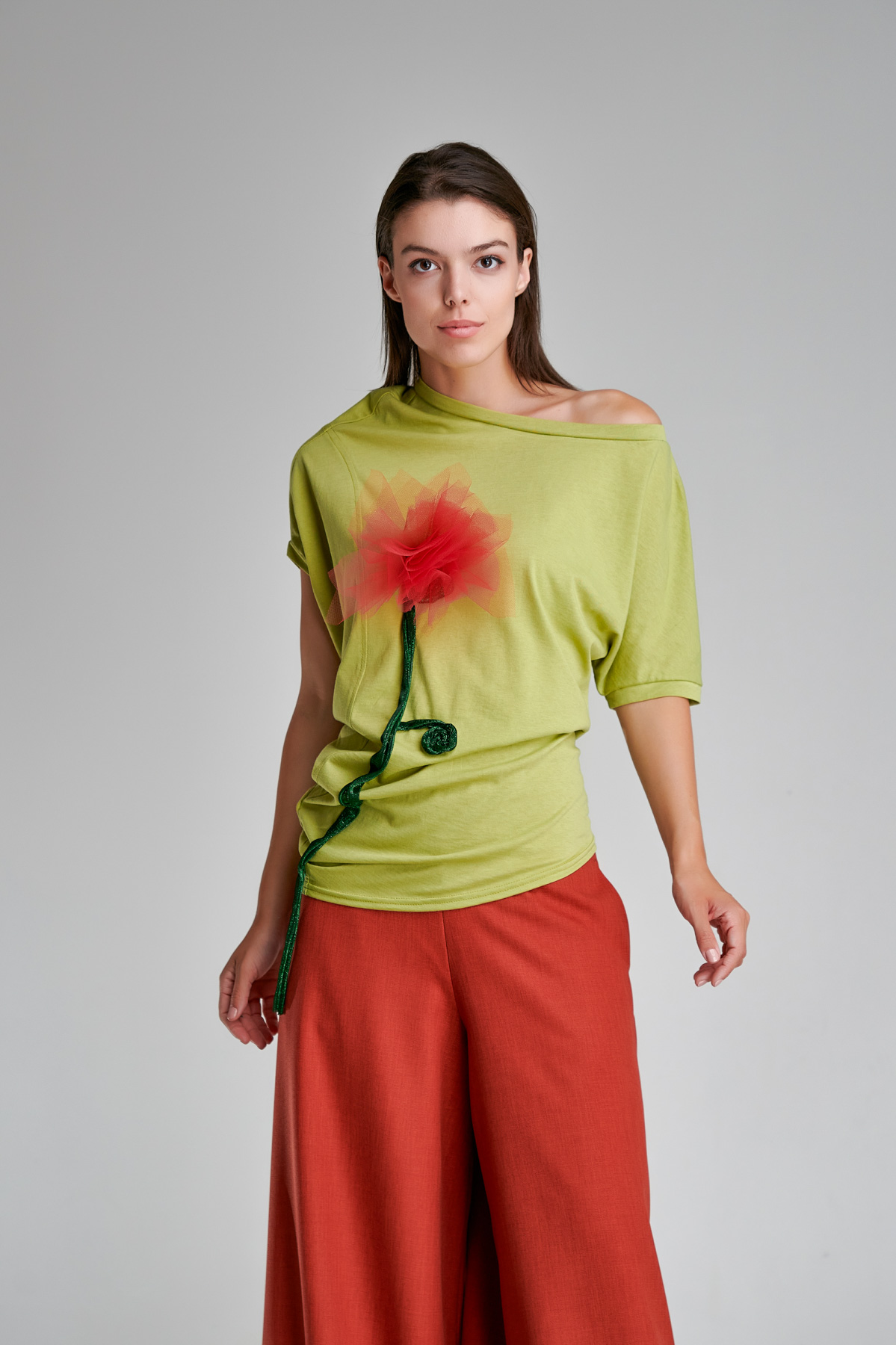 DUNA casual blouse with asymmetrical neckline. Natural fabrics, original design, handmade embroidery
