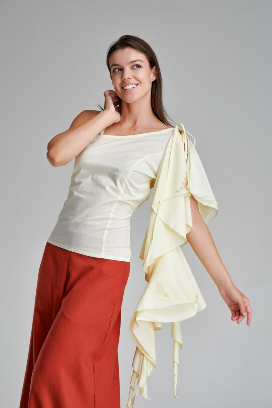 ISLA yellow ruffle blouse and thin strap. Natural fabrics, original design, handmade embroidery