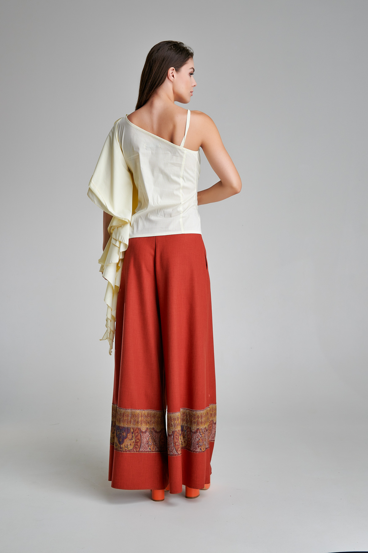 ISLA yellow ruffle blouse and thin strap. Natural fabrics, original design, handmade embroidery