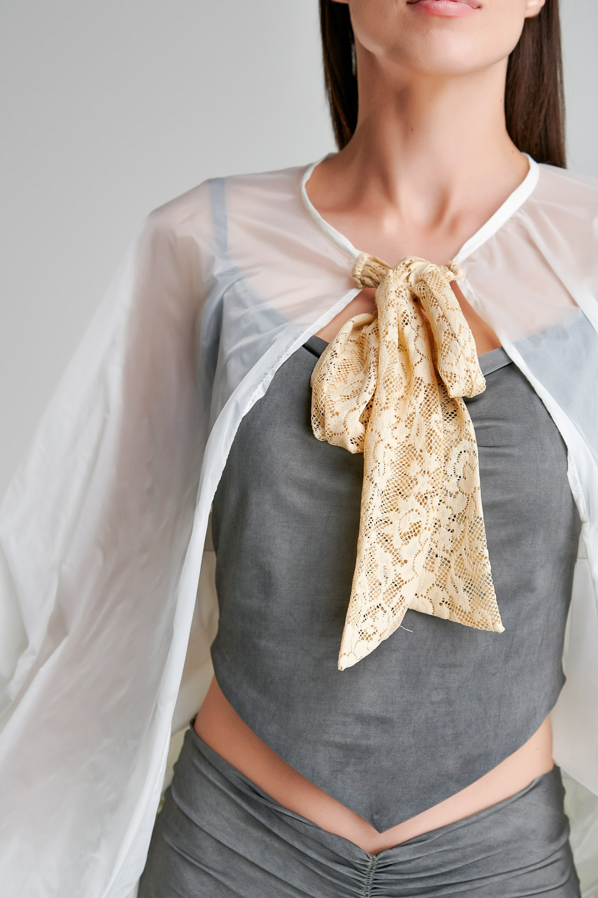 CATISIA Top with gray spaghetti straps. Natural fabrics, original design, handmade embroidery