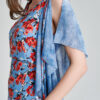 IVY casual blouse blue with floral print. Natural fabrics, original design, handmade embroidery