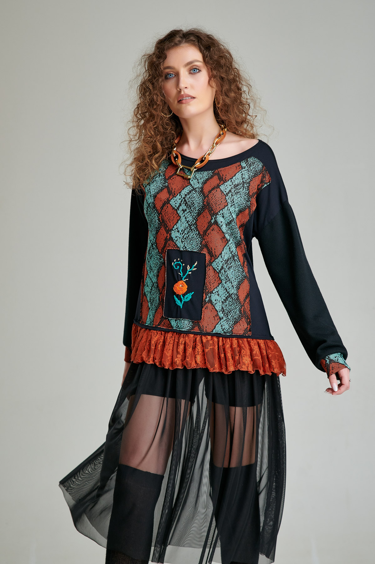 BRITTA blouse with black tulle skirt. Natural fabrics, original design, handmade embroidery