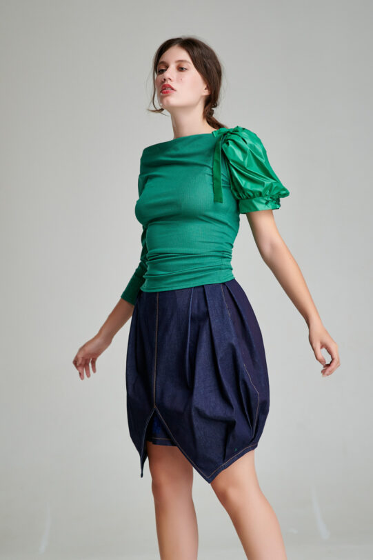 ORIA casual blue denim skirt. Natural fabrics, original design, handmade embroidery