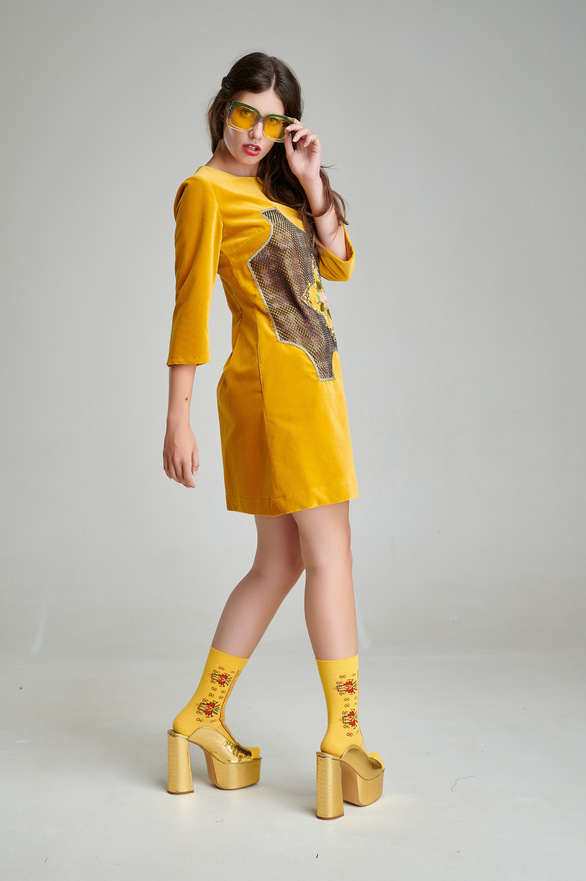 ORELIA elegant yellow velvet dress. Natural fabrics, original design, handmade embroidery