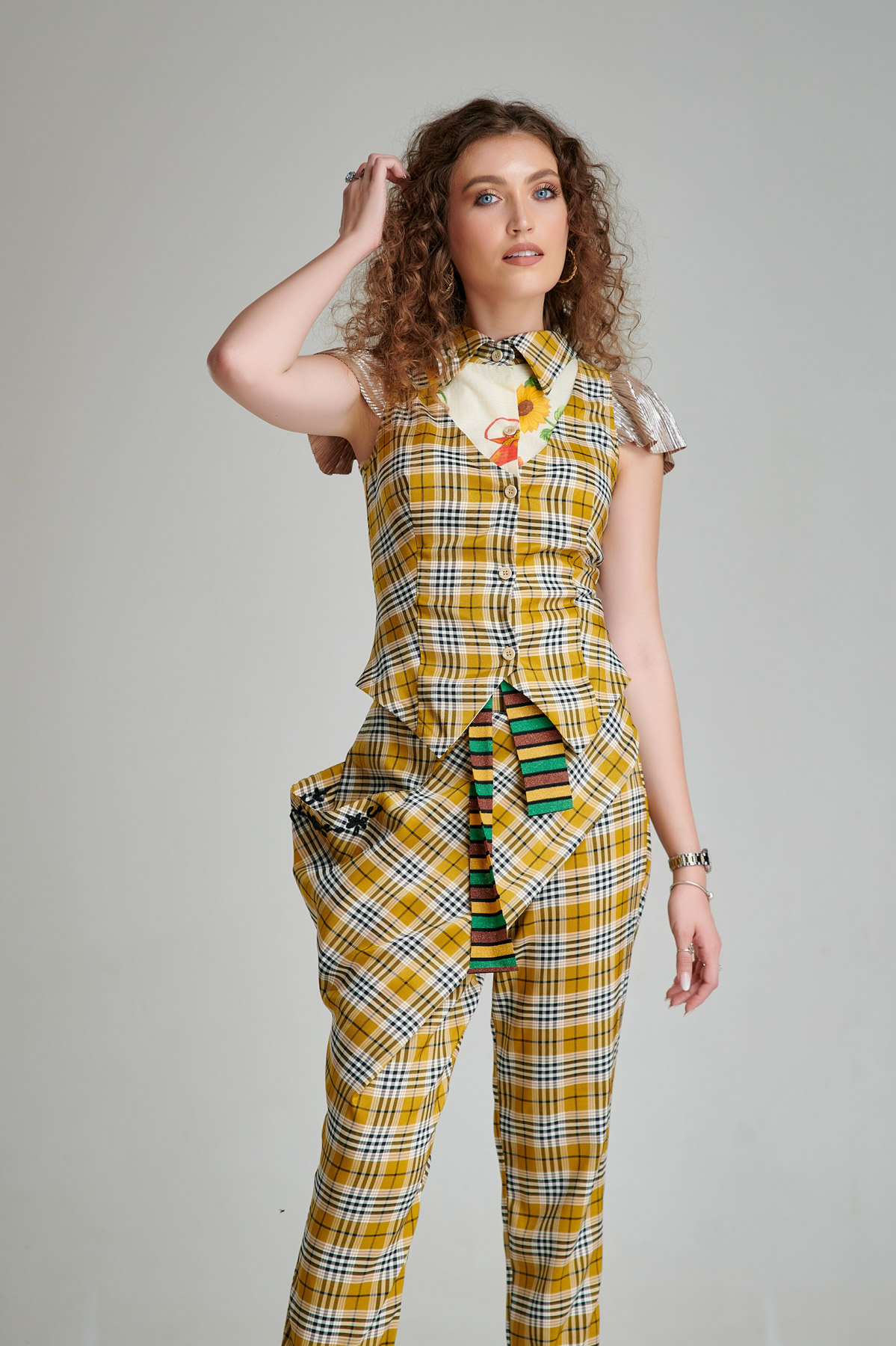 CINDY viscose vest with yellow checked print. Natural fabrics, original design, handmade embroidery