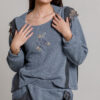 TAOMI oversize blouse in blue wool. Natural fabrics, original design, handmade embroidery