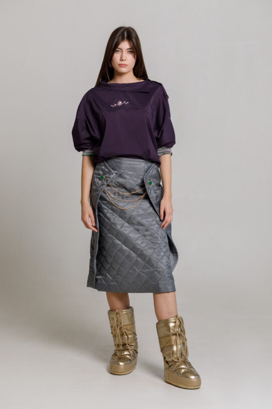 Skirt AVA casual gray quilted. Natural fabrics, original design, handmade embroidery