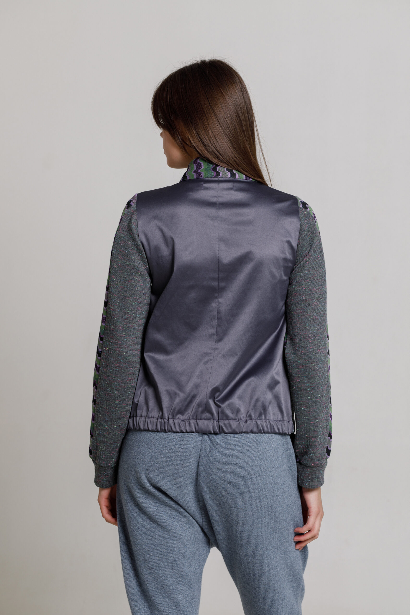 Jacket MAREN in double mesh with scuba, satin trim and jersey. Natural fabrics, original design, handmade embroidery