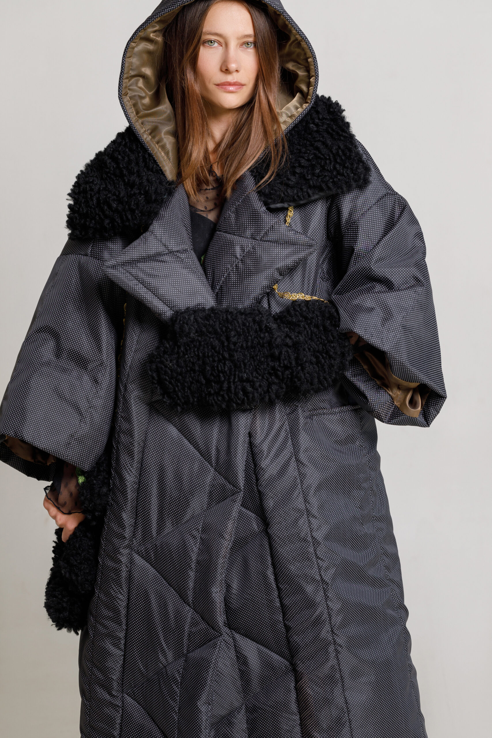LEVI overcoat, oversized synthetic fur. Natural fabrics, original design, handmade embroidery