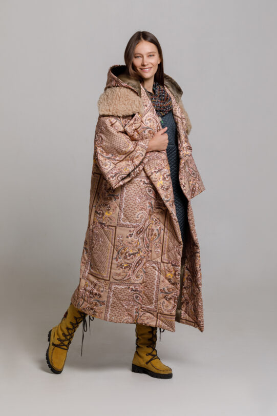 LEVI overcoat, lycra and synthetic fur, oversized. Natural fabrics, original design, handmade embroidery