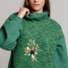 ADARA sweater with high collar in green knit. Natural fabrics, original design, handmade embroidery