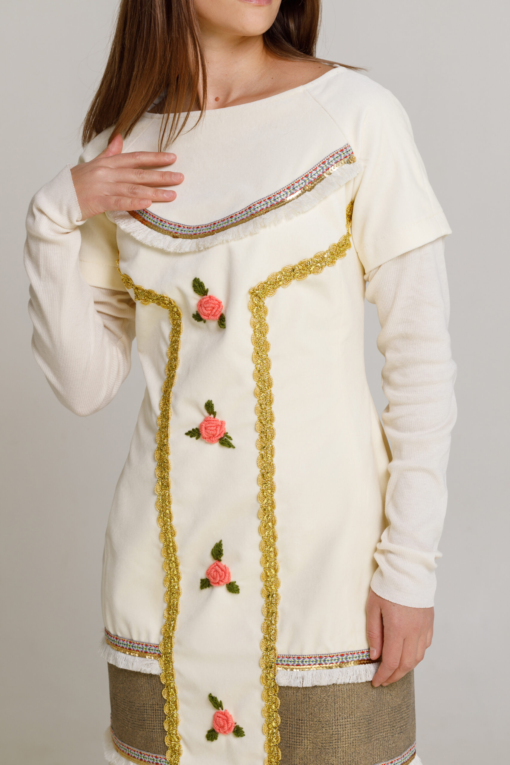 DRESS SASHA elegant white velvet. Natural fabrics, original design, handmade embroidery