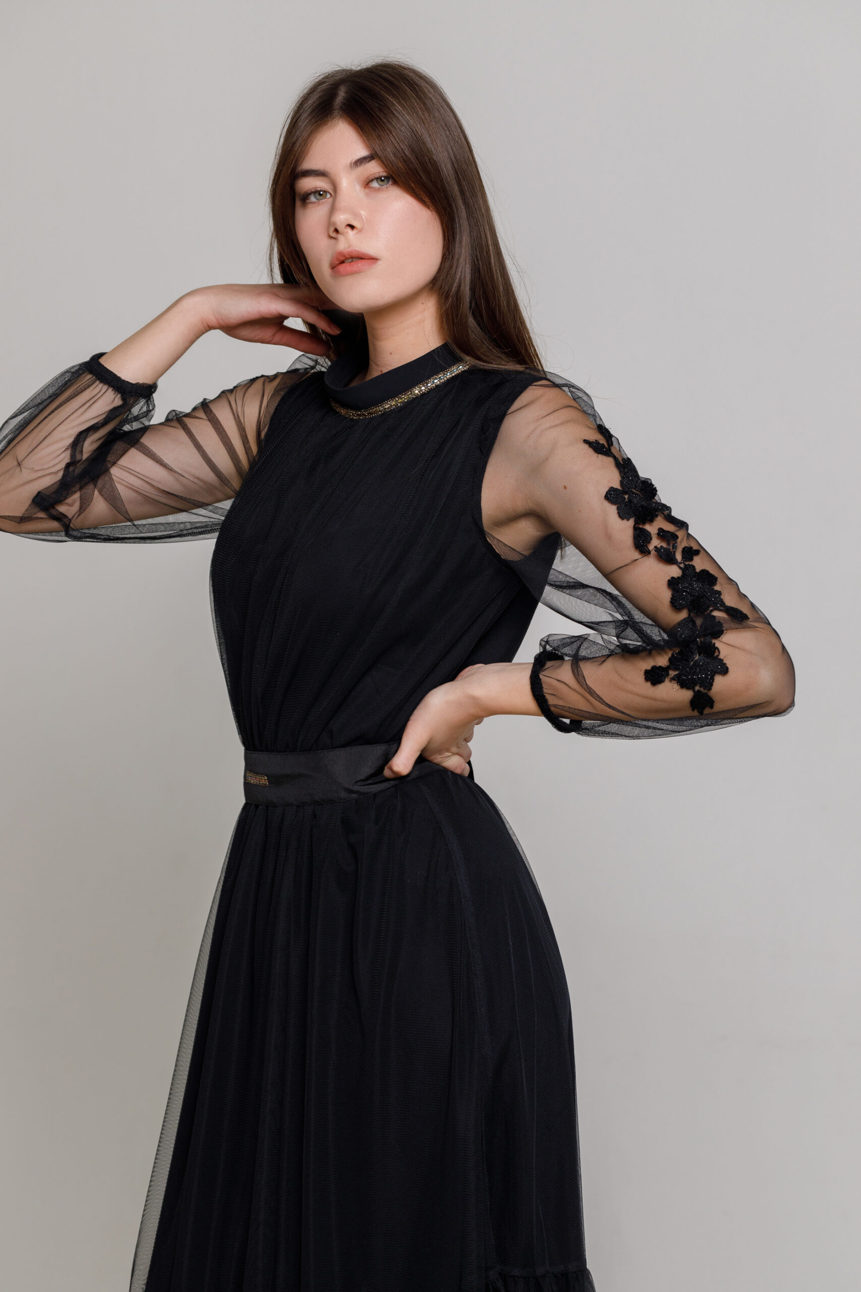 Dress AMARIS black elegant short. Natural fabrics, original design, handmade embroidery