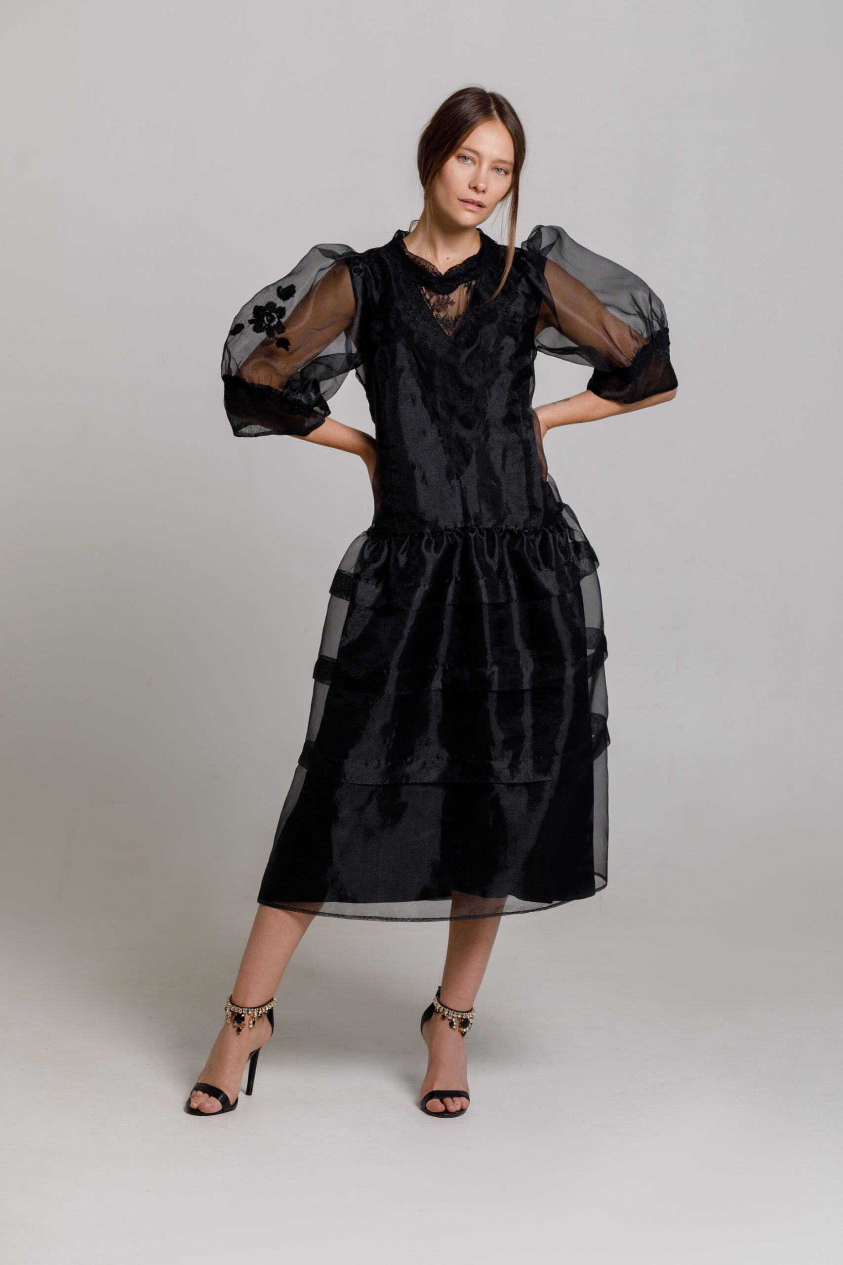 DRESS DAVINA elegant black organza and lycra. Natural fabrics, original design, handmade embroidery