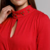 Rochie RYLEI roșie casual din jerse. Materiale naturale, design unicat, cu broderie si aplicatii handmade