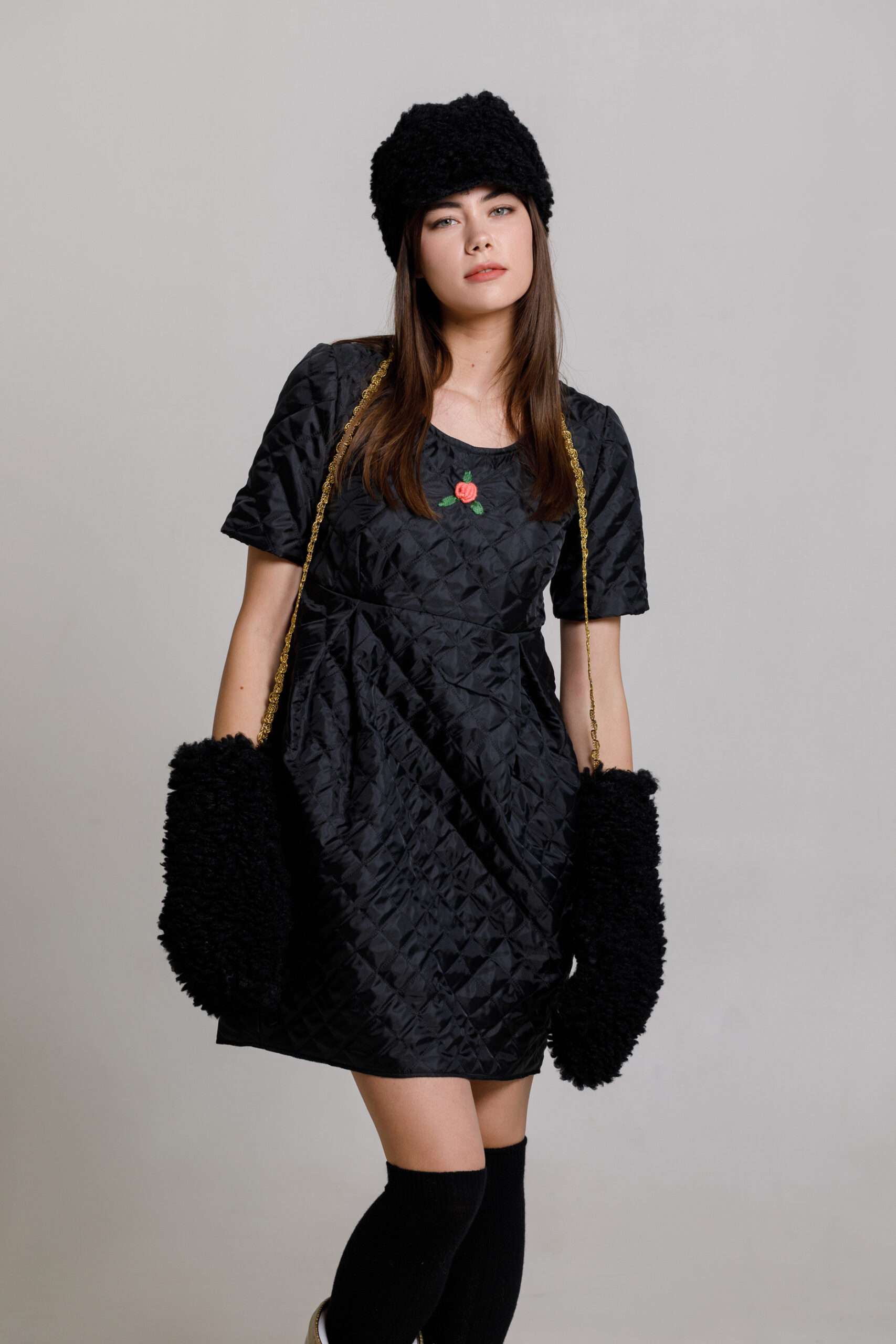 Cap black faux fur. Natural fabrics, original design, handmade embroidery