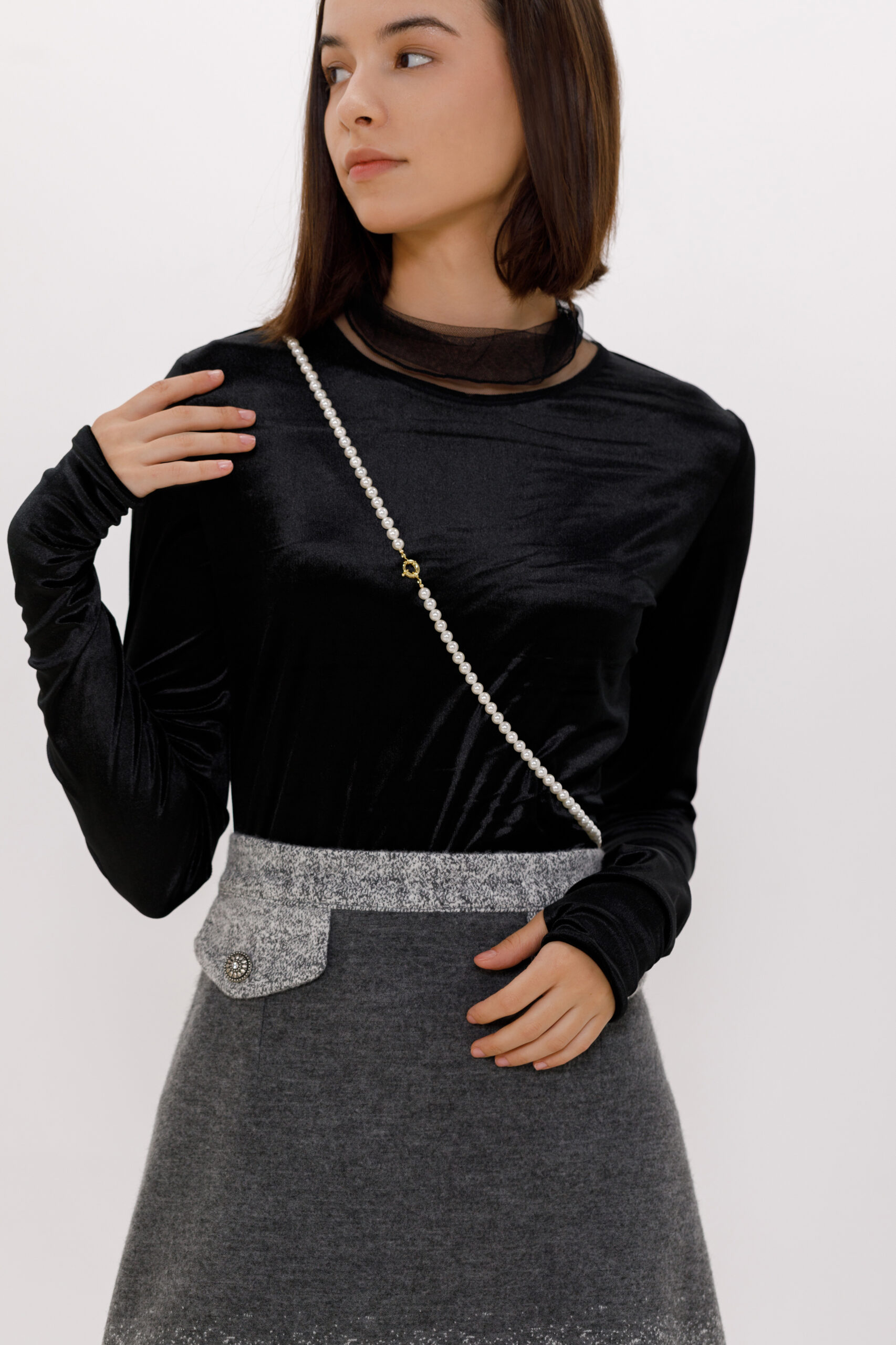 XENI 2 elegant turtleneck in black velvet with tulle collar. Natural fabrics, original design, handmade embroidery