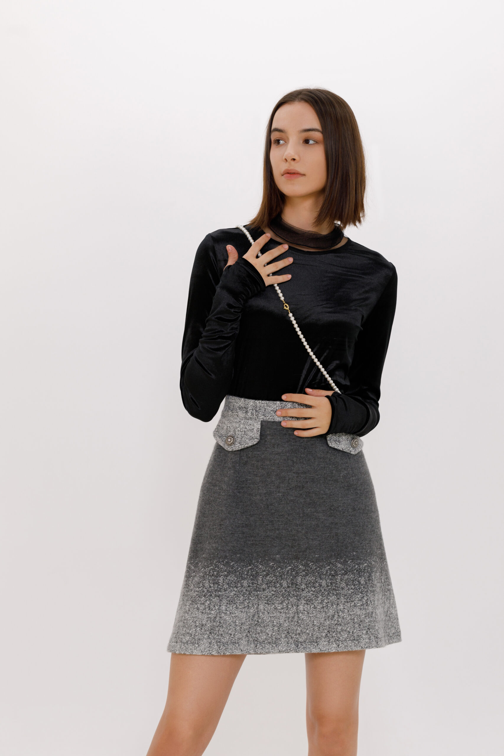 XENI 2 elegant turtleneck in black velvet with tulle collar. Natural fabrics, original design, handmade embroidery