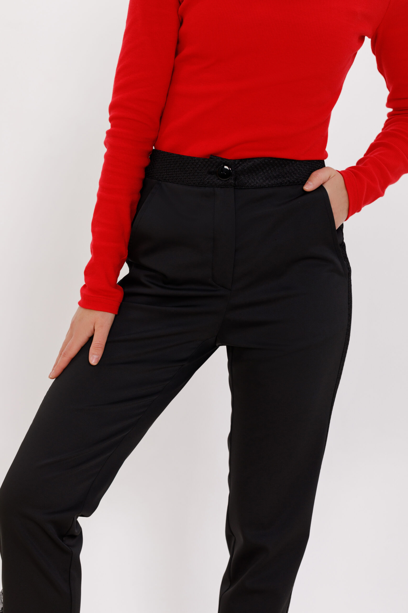 Pantalon DAVID elegant negru din tercot cu volane. Materiale naturale, design unicat, cu broderie si aplicatii handmade