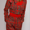 Casual ROWAN trousers in red and green check fabric. Natural fabrics, original design, handmade embroidery