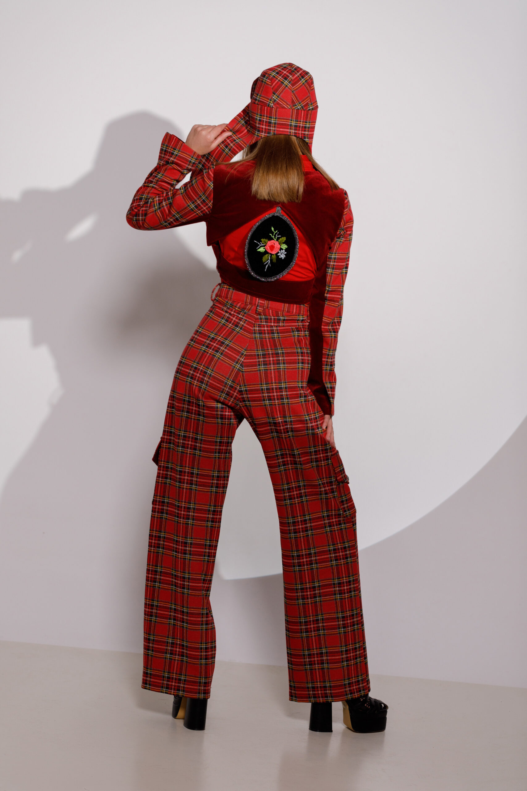 Casual ROWAN trousers in red and green check fabric. Natural fabrics, original design, handmade embroidery