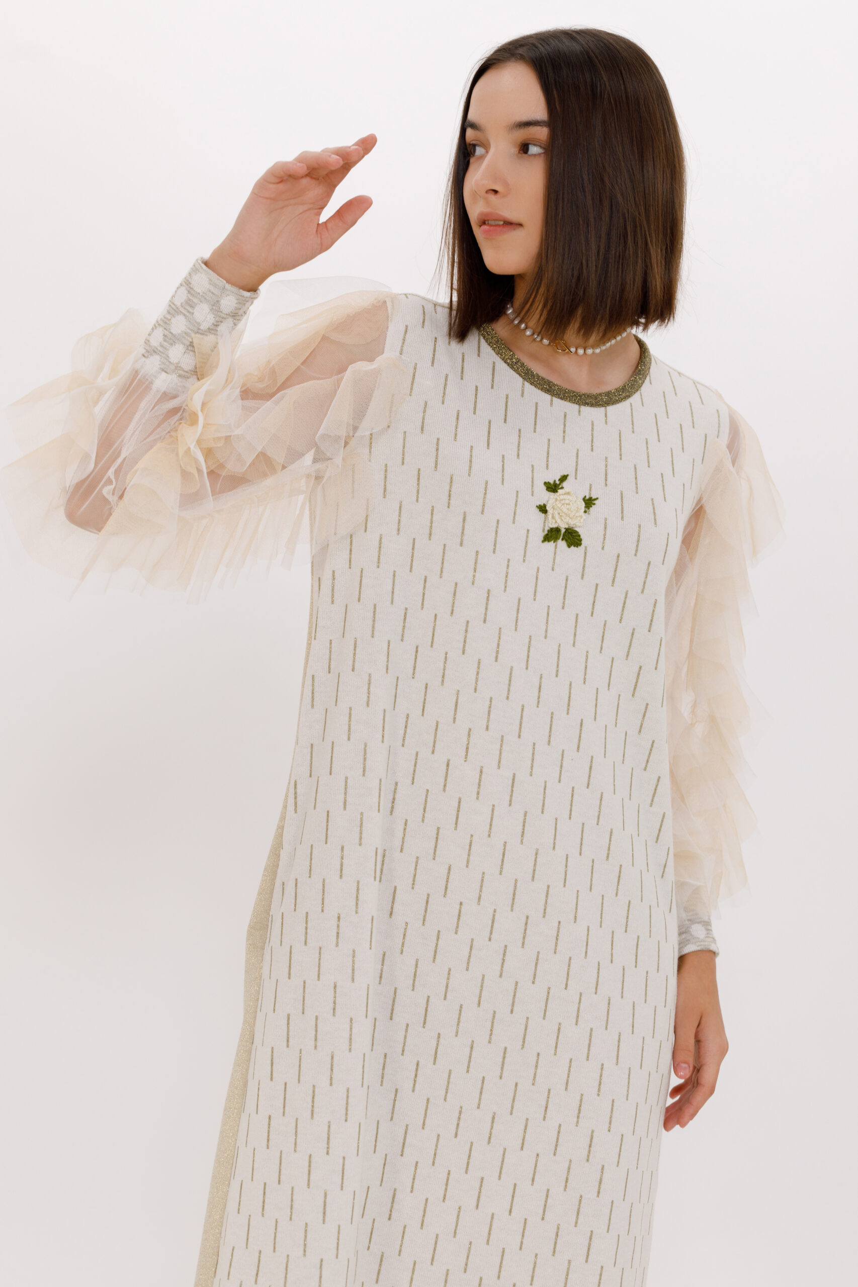 ANGEL casual dress with tulle ruffles on the sleeves. Natural fabrics, original design, handmade embroidery